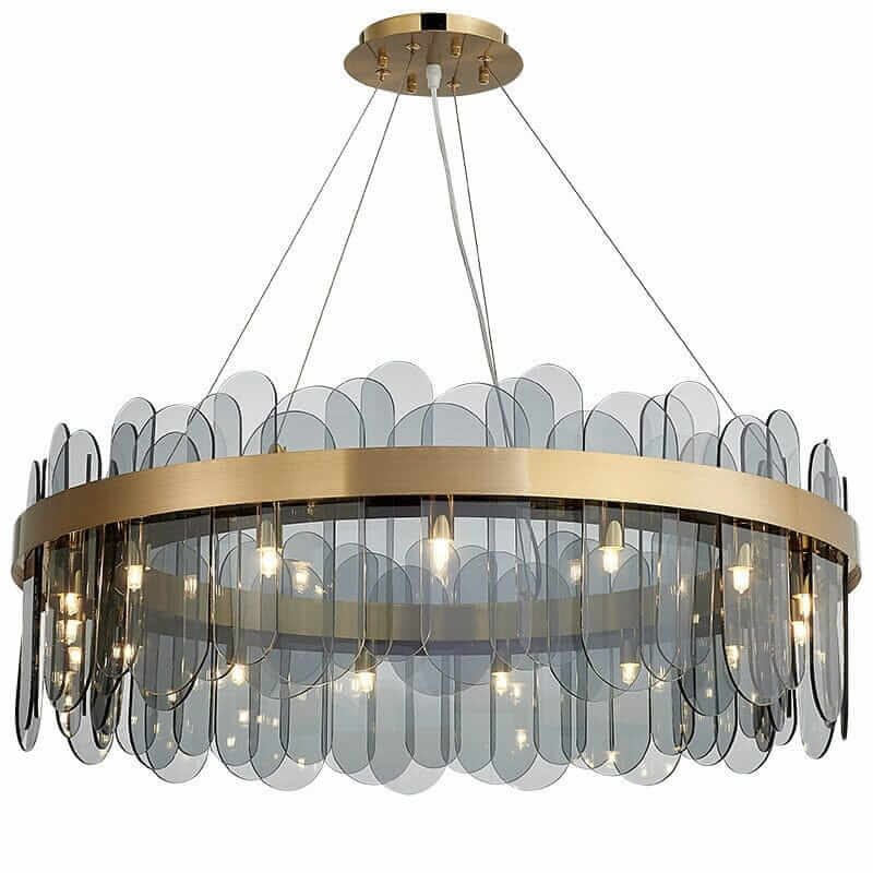 Round chandelier with crystal accents, featuring gold hardware and a modern design that enhances any space's elegance.