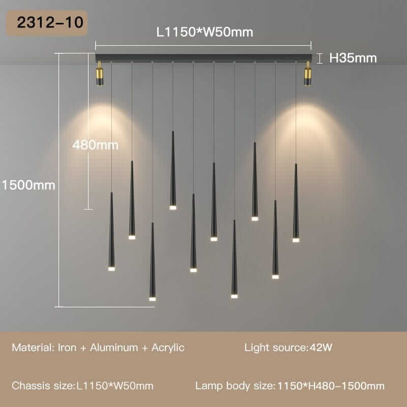 Stylish staircase chandelier with modern drop design, featuring black and gold accents, energy-efficient LED lighting.