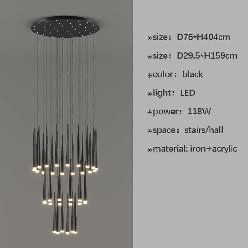 Sleek black LED staircase chandelier in modern design, perfect for halls and stairs, featuring iron and acrylic materials.