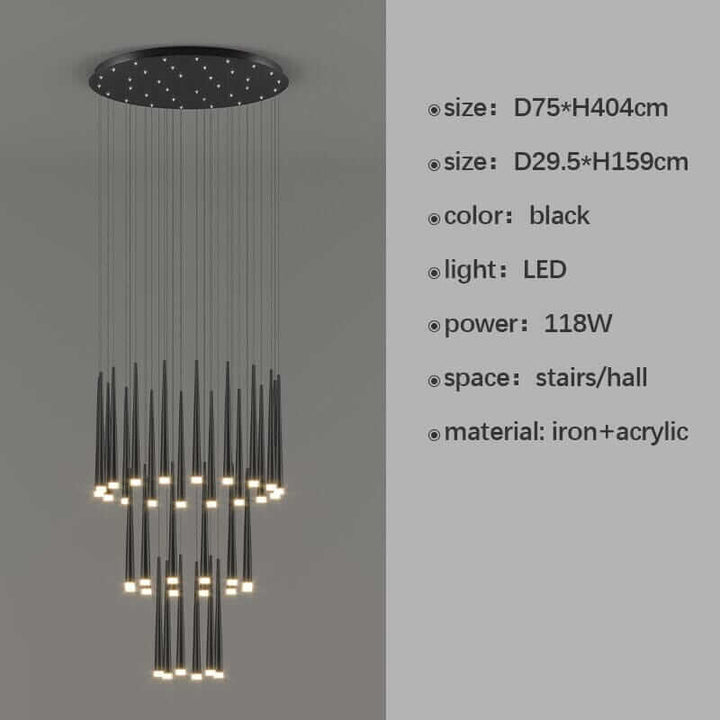 Sleek black LED staircase chandelier in modern design, perfect for halls and stairs, featuring iron and acrylic materials.