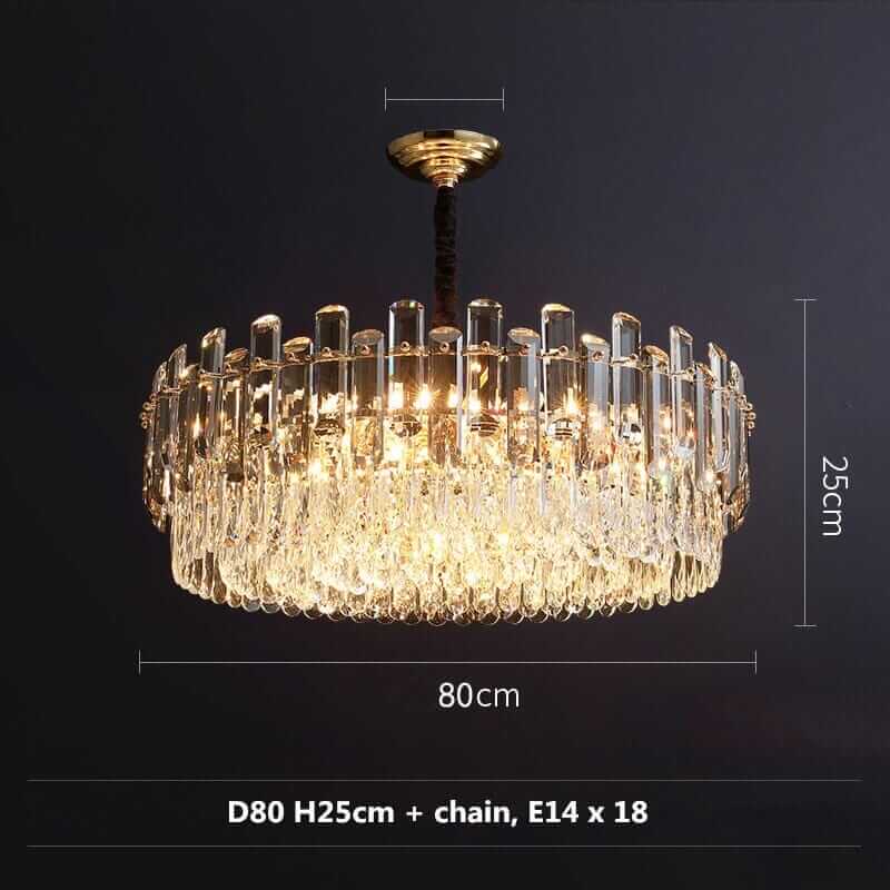 Stylish round chandelier with crystal accents, dimensions D80cm H25cm, ideal for luxury home lighting.