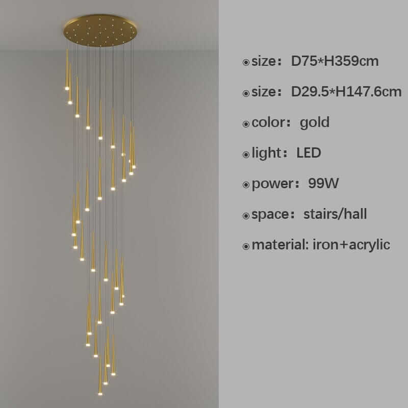 Gold LED staircase chandelier with sleek design, perfect for halls and staircases, energy-efficient modern lighting.