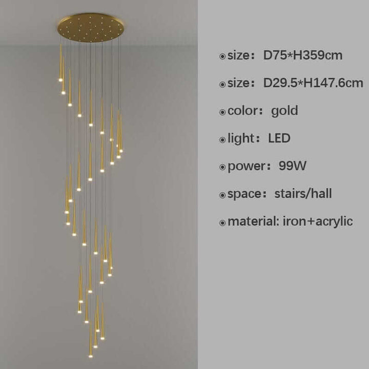 Gold LED staircase chandelier with sleek design, perfect for halls and staircases, energy-efficient modern lighting.