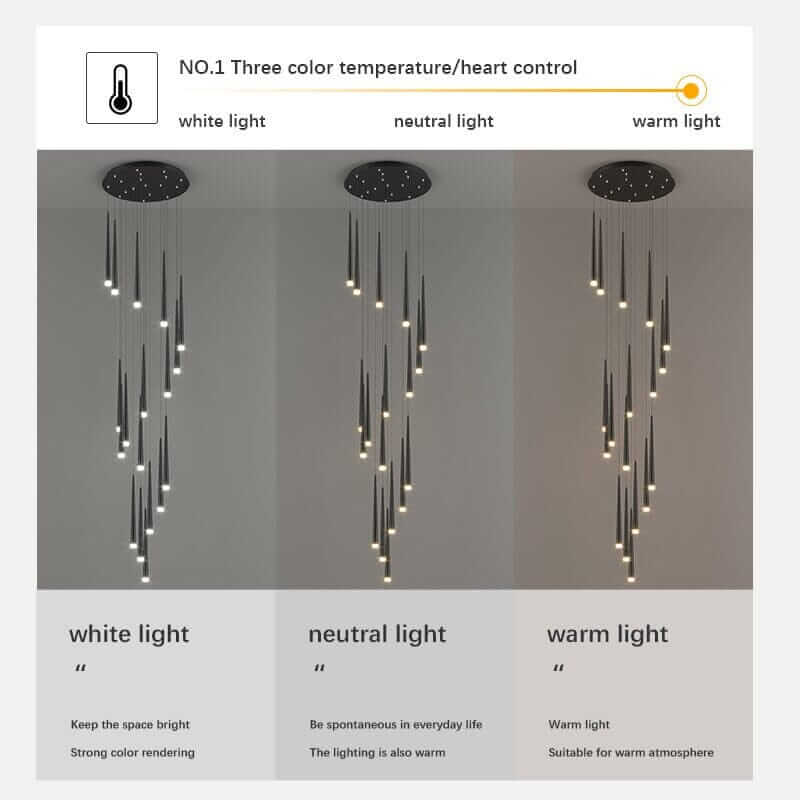 Three color temperature options for chandelier: white, neutral, and warm light settings.