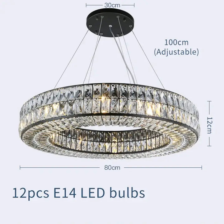 Angoona Round Modern Crystal Chandelier featuring clear crystals, adjustable height, and 12 E14 LED bulbs.
