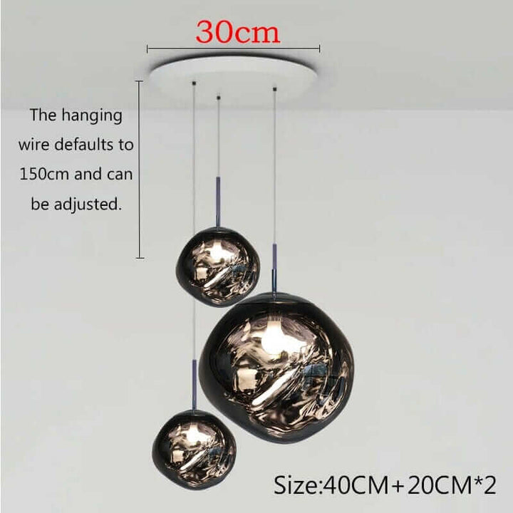 Modern pendant chandelier with three adjustable glass spheres in black and silver, sizes 40cm and 20cm.