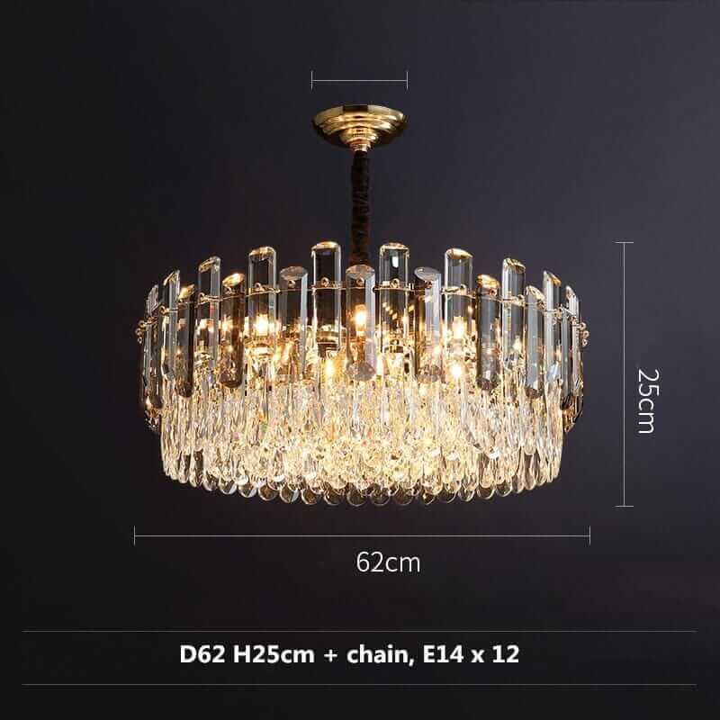 Chic round chandelier with crystal accents, dimensions D62cm, H25cm, E14 x 12 bulbs, luxury lighting design.