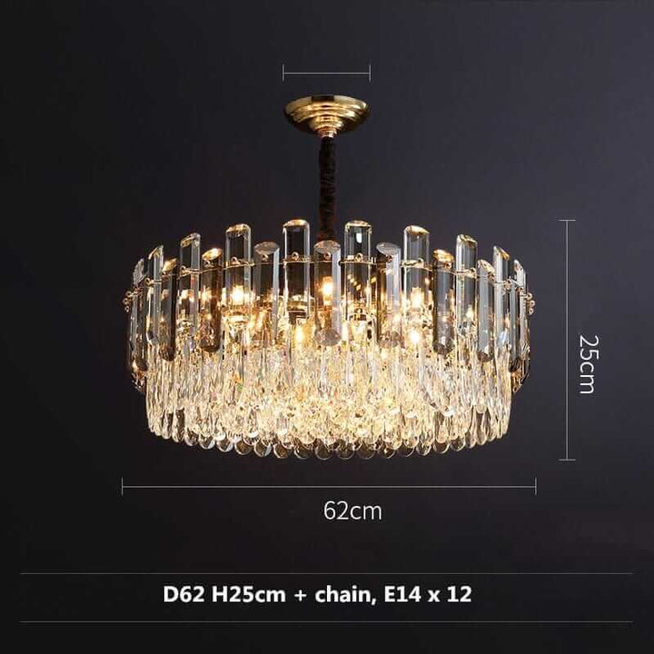 Chic round chandelier with crystal accents, dimensions D62cm, H25cm, E14 x 12 bulbs, luxury lighting design.
