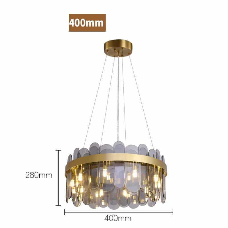 Round chandelier with crystal accents, 400mm diameter, 280mm height, elegant design for illuminating spaces.