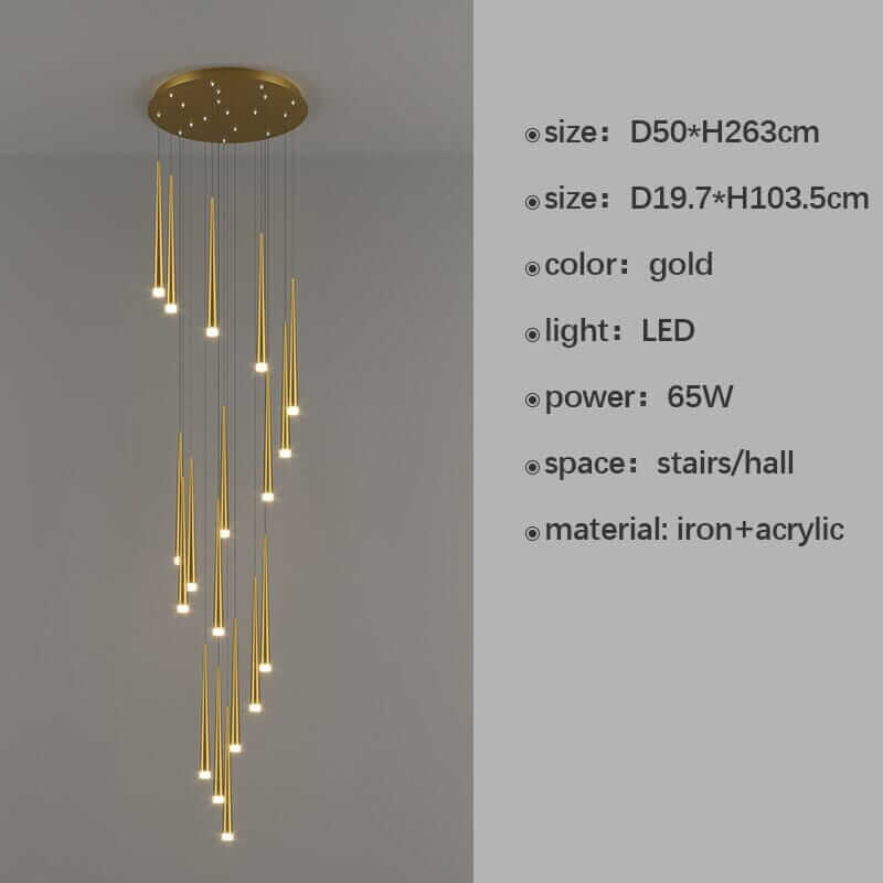 Elegant gold staircase chandelier with LED lights, perfect for modern halls and duplex designs.
