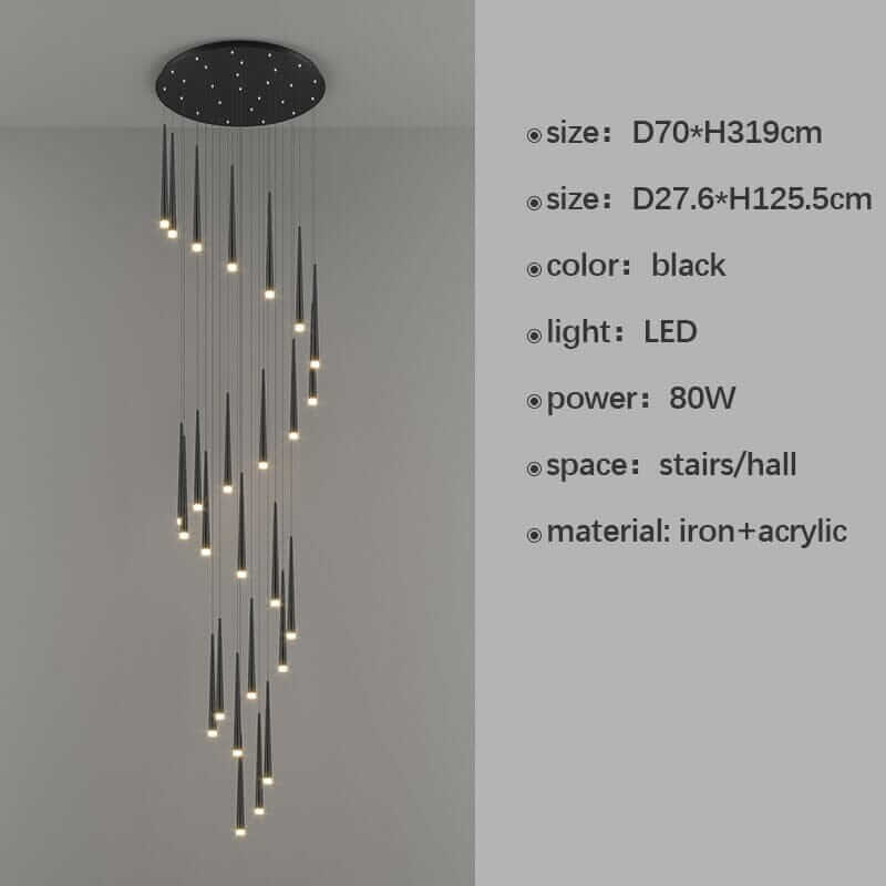 Staircase chandelier in black, LED, modern design, ideal for stairs and halls, energy-efficient lighting fixture.