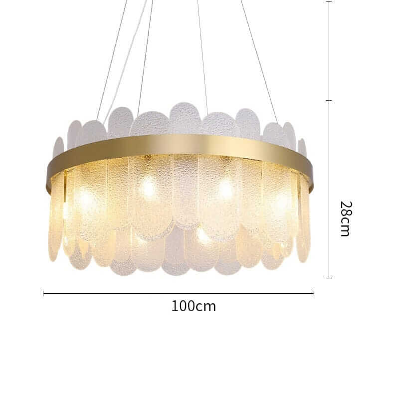 Round chandelier with crystal accents and gold trim, 100cm diameter, 28cm height, perfect for timeless elegance.