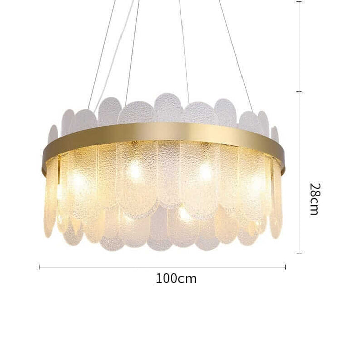 Round chandelier with crystal accents and gold trim, 100cm diameter, 28cm height, perfect for timeless elegance.