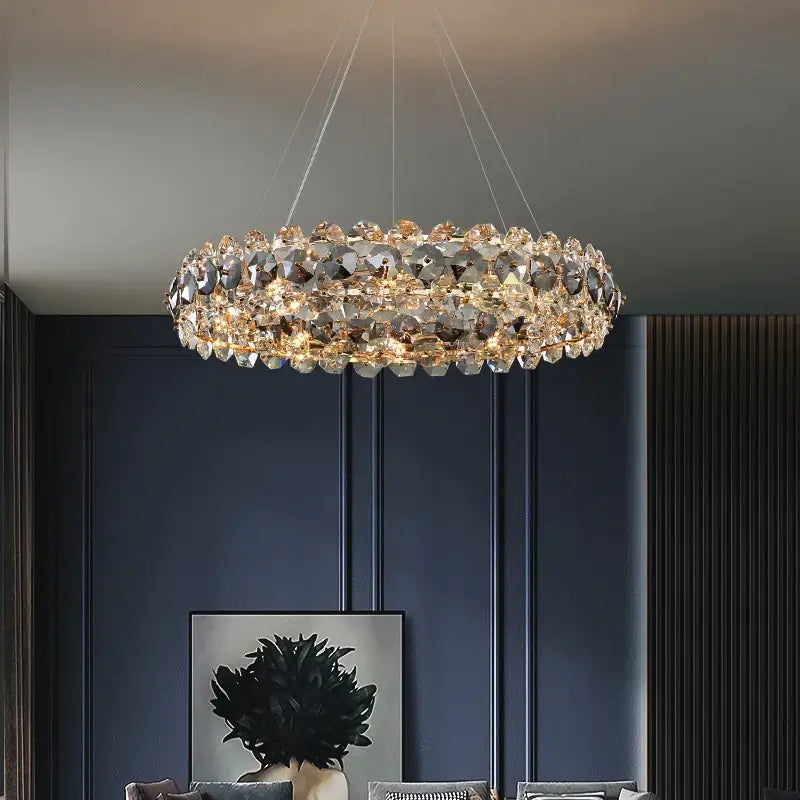 Stunning entryway chandelier featuring crystal accents, elegantly illuminating a modern living space.