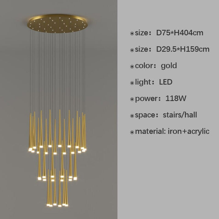 Modern gold staircase chandelier with LED lights, ideal for stairs and halls, featuring a sleek and stylish design.