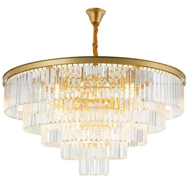 Badra Gemima Round Golden Crystal Chandelier featuring elegant golden accents and sparkling crystal prisms.