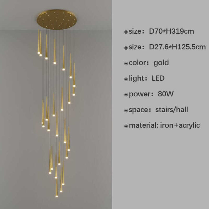 Gold LED staircase chandelier with sleek design, ideal for modern halls and duplexes, featuring iron and acrylic materials.