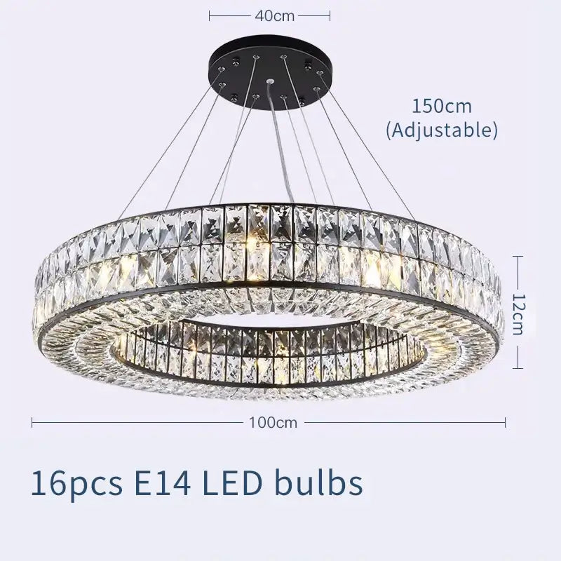 Black chandelier with crystal design, adjustable height, and 16 E14 LED bulbs, perfect for luxurious home decor.
