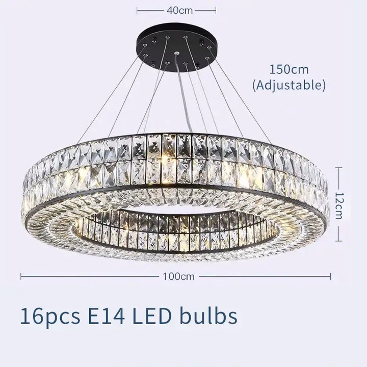 Black chandelier with crystal design, adjustable height, and 16 E14 LED bulbs, perfect for luxurious home decor.