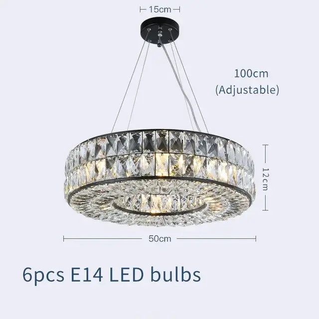 Angoona Round Modern Crystal Chandelier with adjustable height, featuring six E14 LED bulbs and a luxurious design.