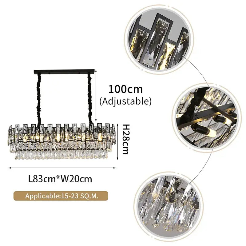 Luxury Crystal Modern Black Chandelier dimensions and adjustable height, perfect for elegant home decor.
