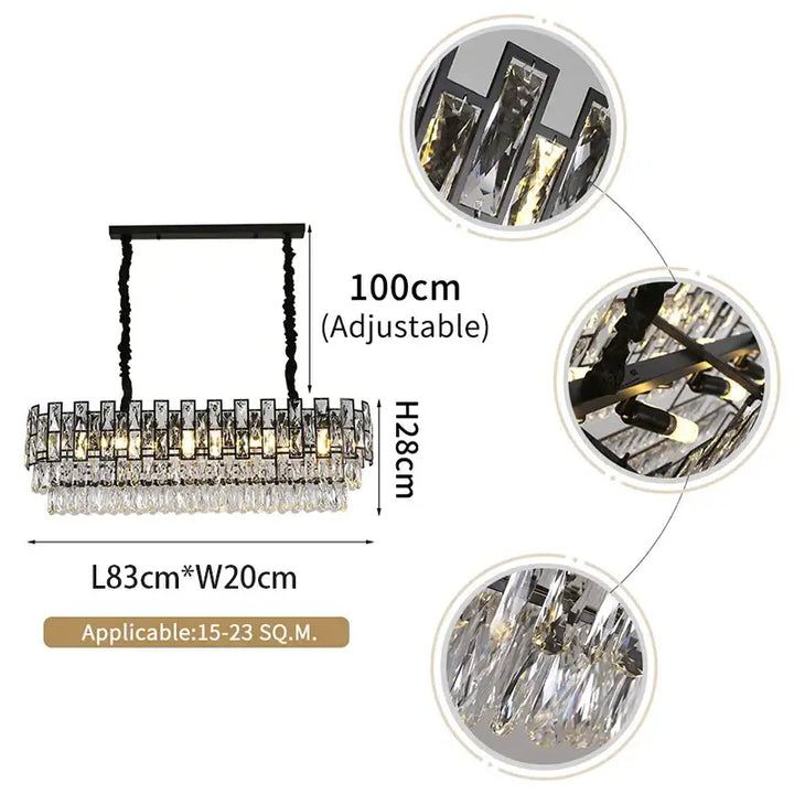 Luxury Crystal Modern Black Chandelier dimensions and adjustable height, perfect for elegant home decor.