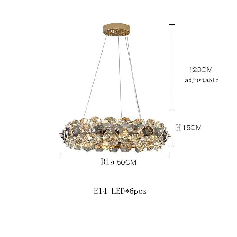 Stylish entryway chandelier with adjustable design, 50cm diameter, featuring E14 LED lights and elegant crystal accents.
