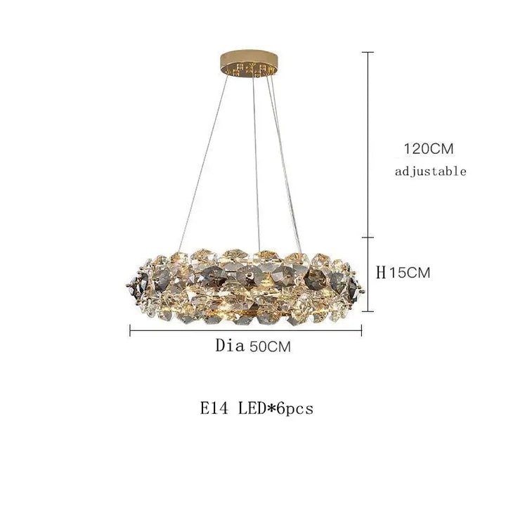 Stylish entryway chandelier with adjustable design, 50cm diameter, featuring E14 LED lights and elegant crystal accents.