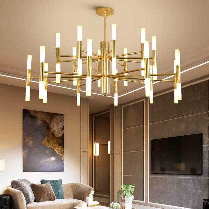 Modern gold LED ceiling light chandelier illuminating a stylish living room with luxurious decor.