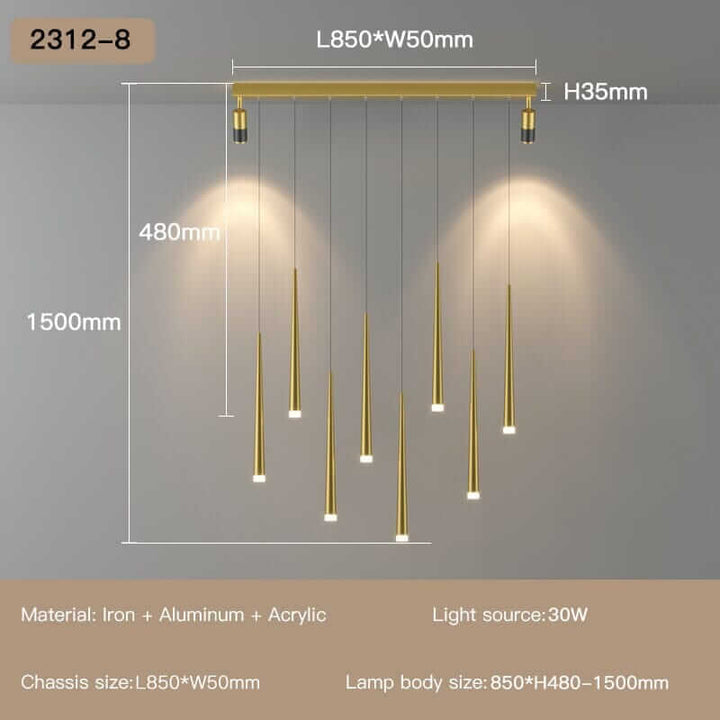 Sleek gold staircase chandelier with modern design, featuring hanging lights in a stylish arrangement.