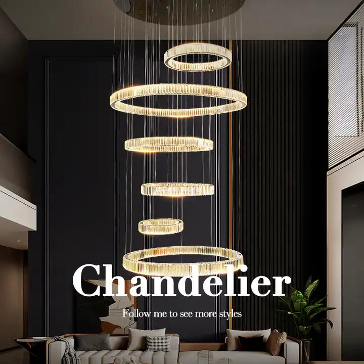 Sleek Circle Ring Long LED Crystal Chandelier illuminating a modern living space with elegance and style.