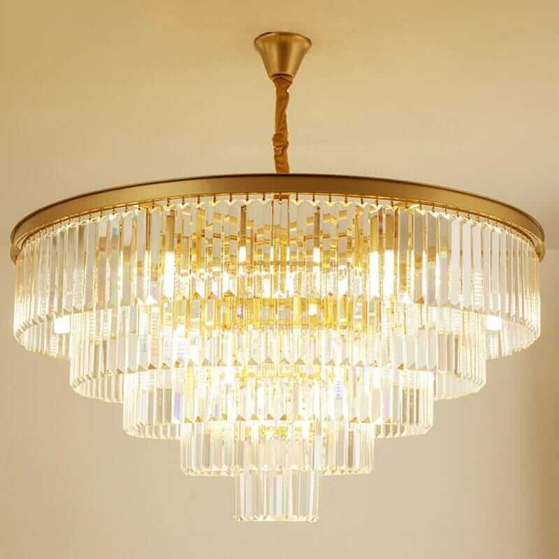 Gemima Round Golden Crystal Chandelier with hanging design and crystal accents for luxurious lighting.