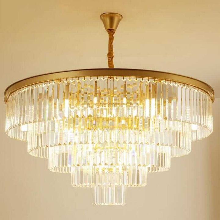 Gemima Round Golden Crystal Chandelier with hanging design and crystal accents for luxurious lighting.
