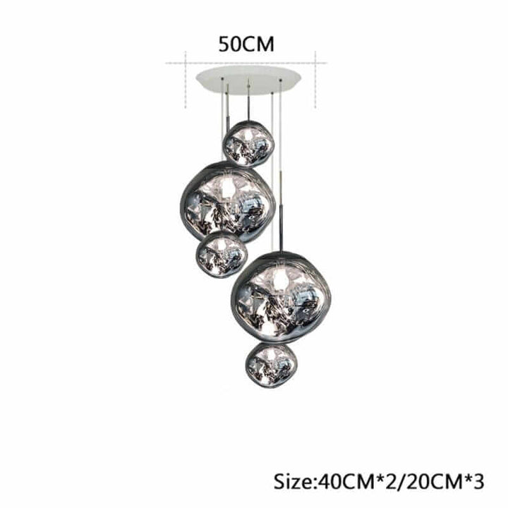 Modern foyer chandelier with bubble-like design in silver finish, dimensions 50CM height and 40CM/20CM sizes.