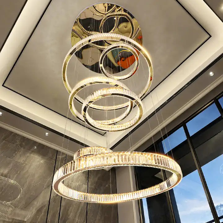 Stunning Circle Ring Long LED Crystal Chandelier illuminating a modern foyer with elegance.