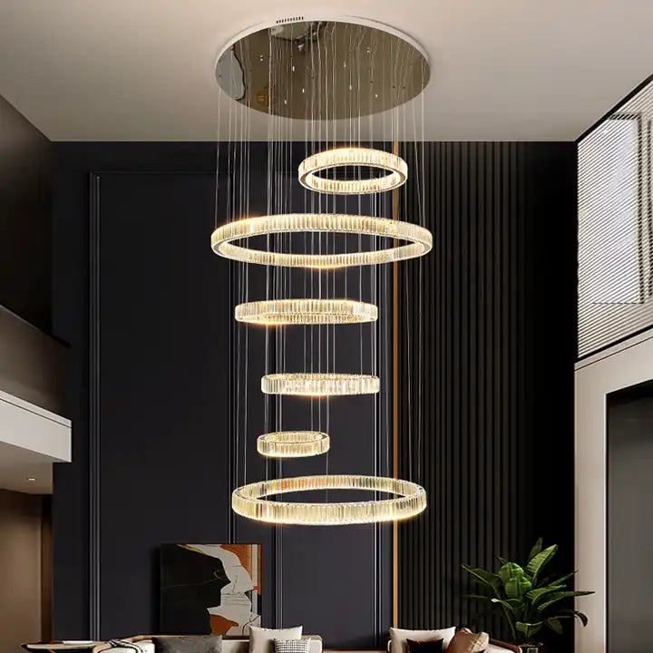 Elegant Circle Ring Long LED Crystal Chandelier illuminating a stylish living space with modern design.