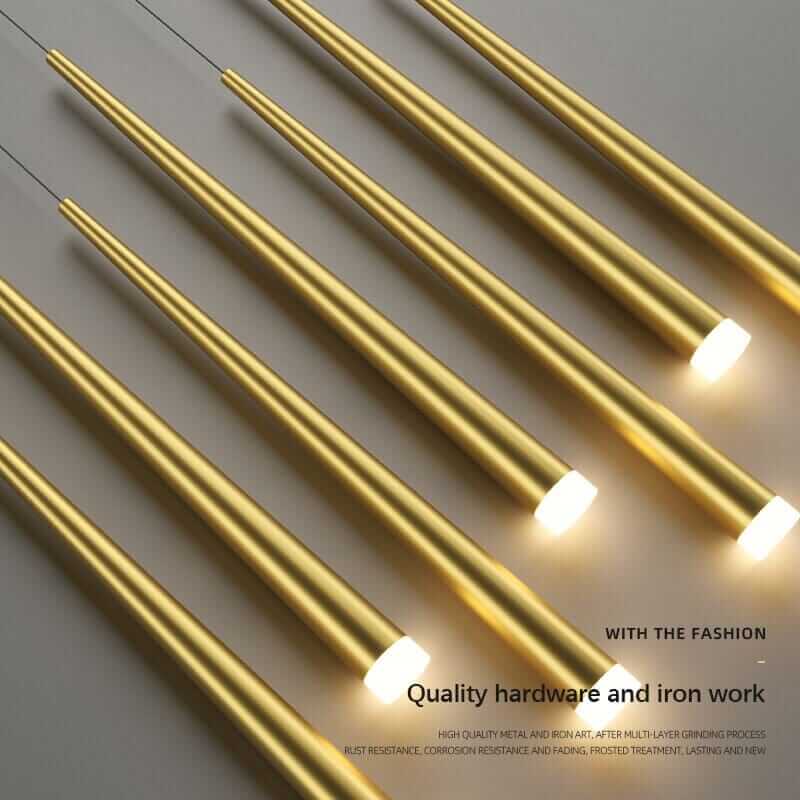 Sleek gold staircase chandelier with quality hardware and modern design, ideal for contemporary interiors.