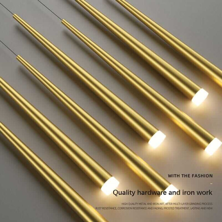 Sleek gold staircase chandelier with quality hardware and modern design, ideal for contemporary interiors.