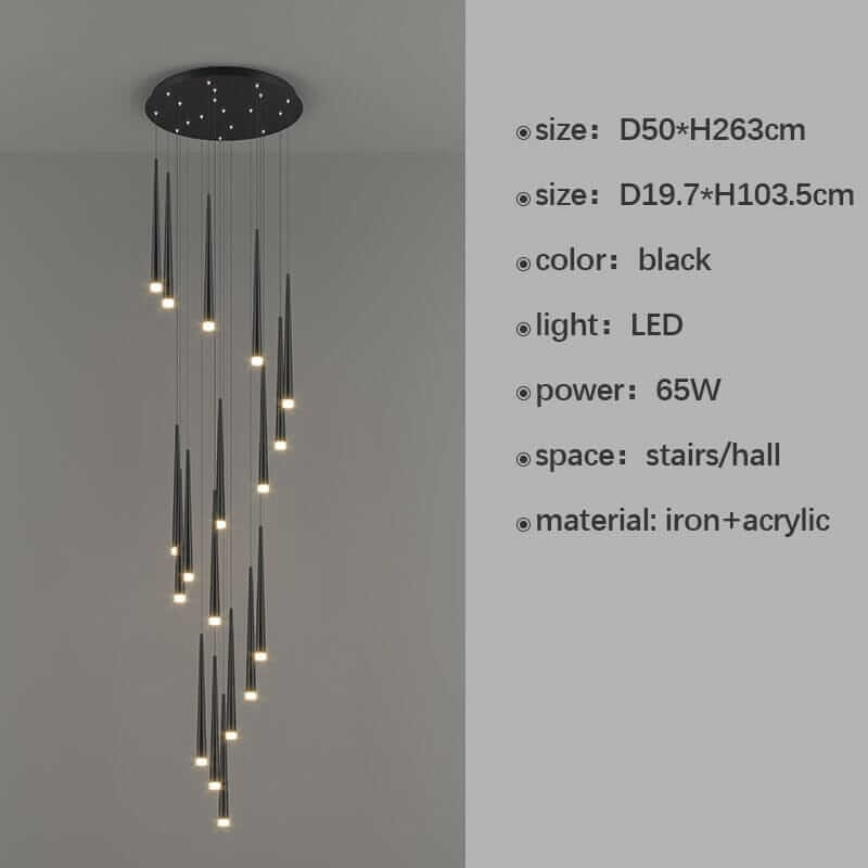 Sleek black staircase chandelier with LED lights, modern design for stairs and halls, made of iron and acrylic.