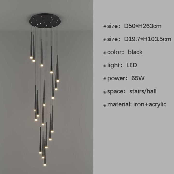 Sleek black staircase chandelier with LED lights, modern design for stairs and halls, made of iron and acrylic.