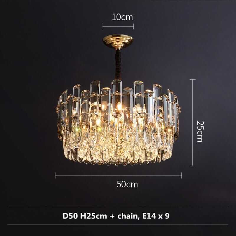 Elegant round chandelier featuring crystal accents and multiple lights, dimensions 50cm diameter, 25cm height.