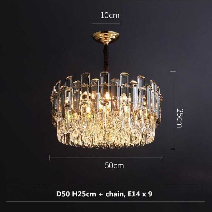 Elegant round chandelier featuring crystal accents and multiple lights, dimensions 50cm diameter, 25cm height.