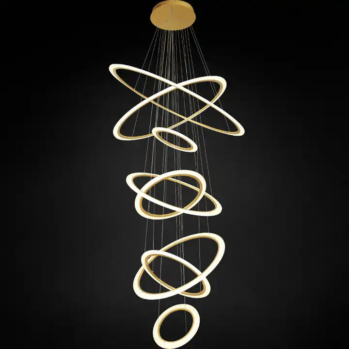 Modern 5-ring LED chandelier featuring sleek, illuminating design, perfect for enhancing home decor.
