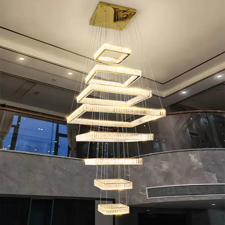 Modern LED staircase chandelier featuring a sleek square design, perfect for enhancing any foyer or space.