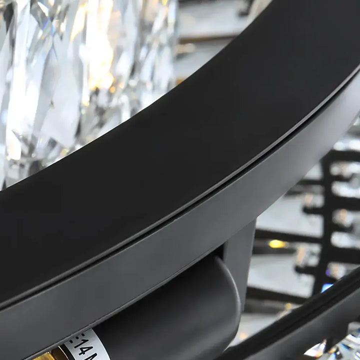 Close-up of the sleek black frame of the Angoona Round Modern Crystal Chandelier, highlighting its luxury detail.