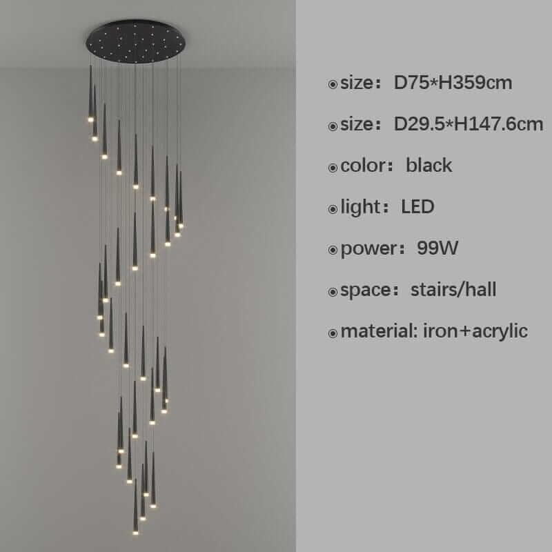 Sleek black staircase chandelier featuring LED lights, ideal for modern stairs and hall spaces.