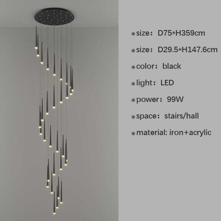 Sleek black staircase chandelier featuring LED lights, ideal for modern stairs and hall spaces.