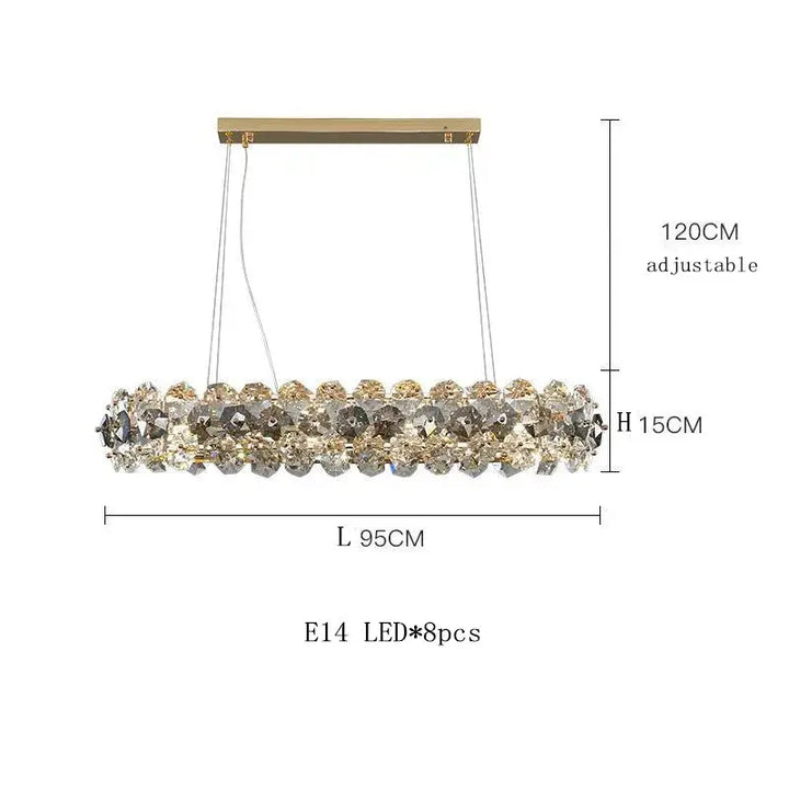 Elegant adjustable entryway chandelier with crystal accents, measuring 95cm in length and 15cm in height.