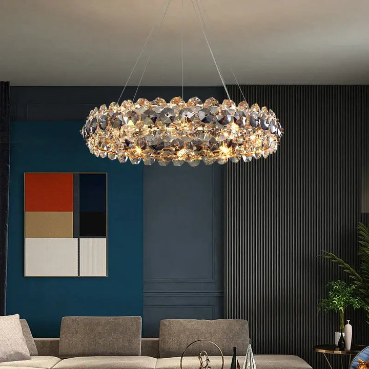 Stylish Entryway chandelier illuminating a modern living space with luxurious crystal accents.