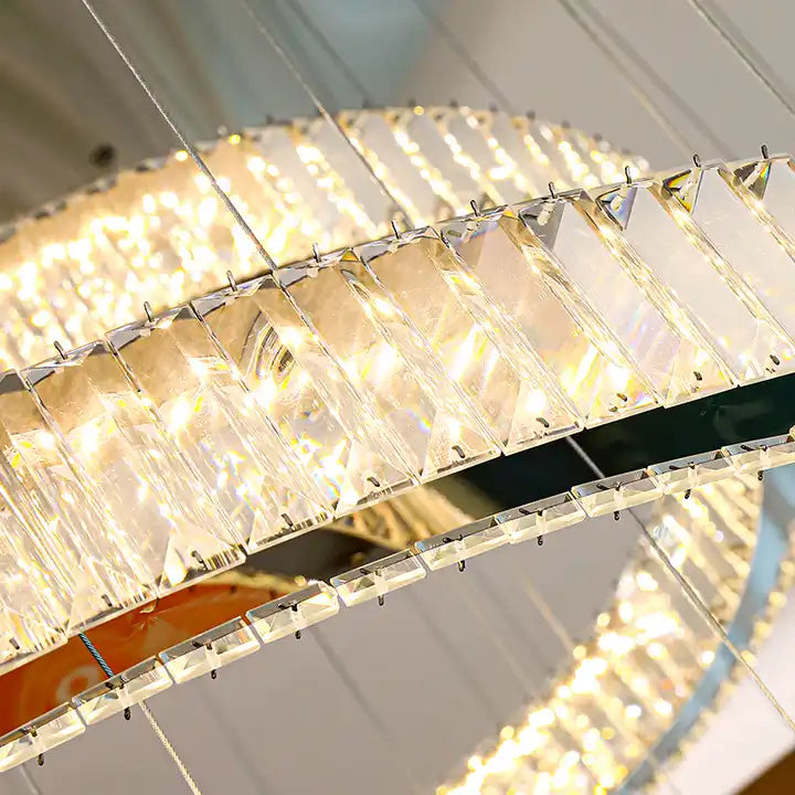 Close-up of a modern Circle Ring LED Crystal Chandelier showcasing clear crystals and warm light for elegant home decor.